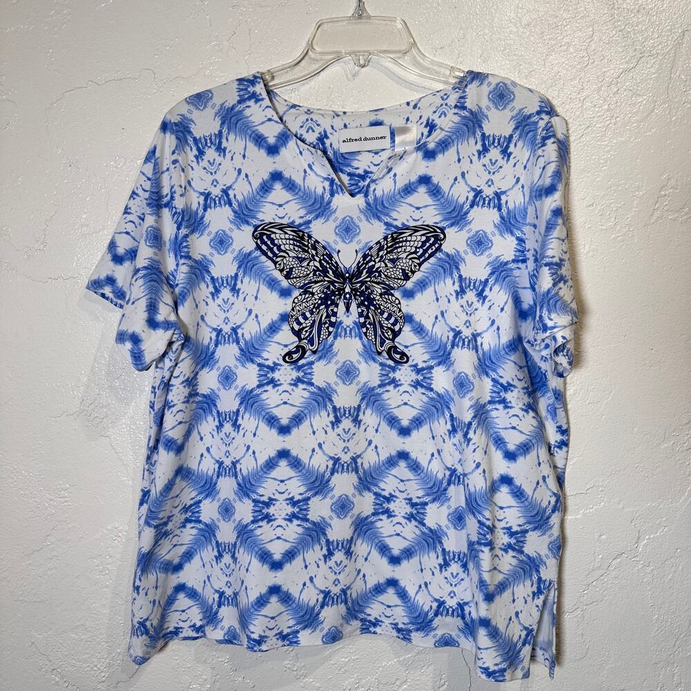 alfred dunner Large short sleeve T-Shirt jeweled Butterfly Blue White geometric
